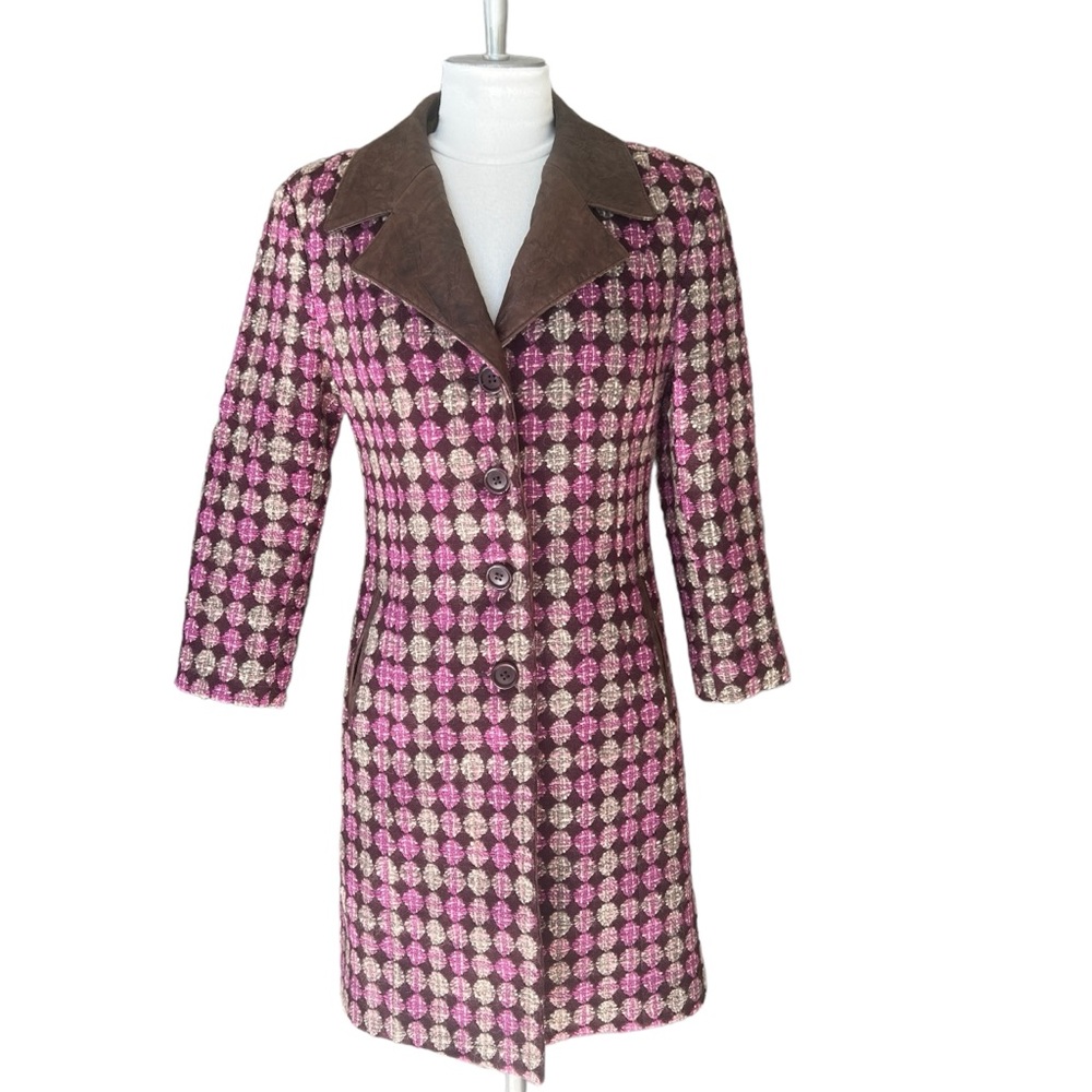 RARE Artisan MATTEO MIO Edmund Salama Designer Tweed Coat Womens XS Leather Trim